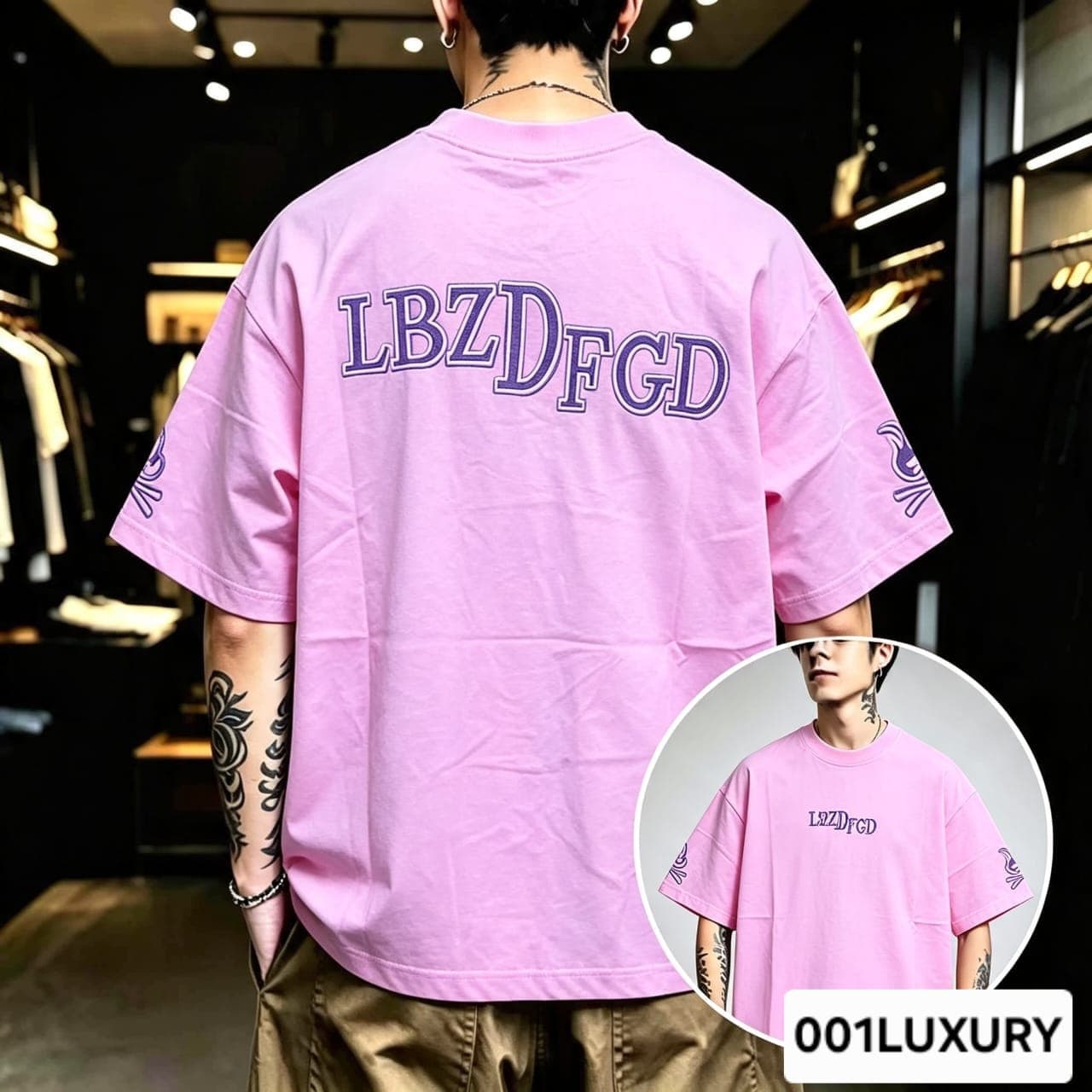 Man viewed from back wearing pink oversized t-shirt with large LBZDFGD text print.