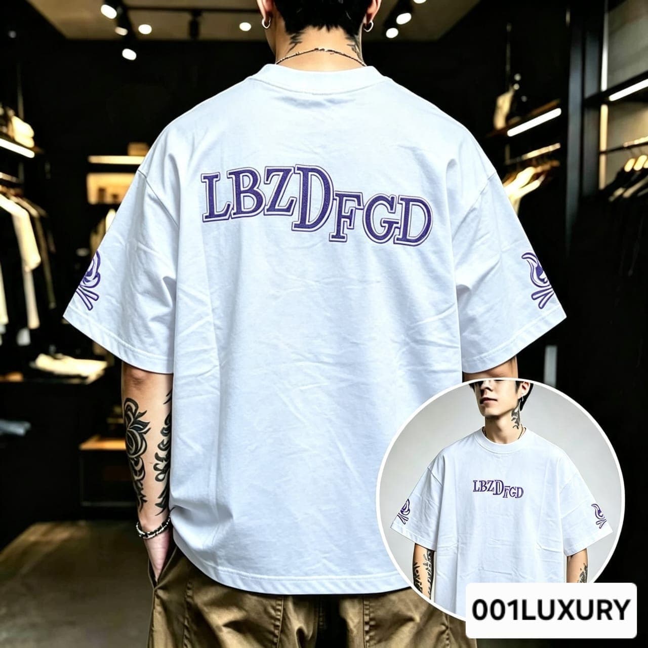 Man viewed from back wearing white oversized t-shirt with large LBZDFGD text print.