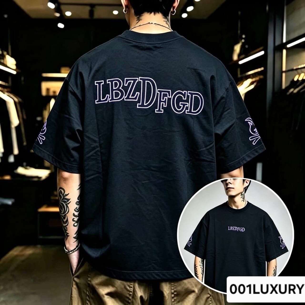 Man viewed from back wearing black oversized t-shirt with large LBZDFGD text print.
