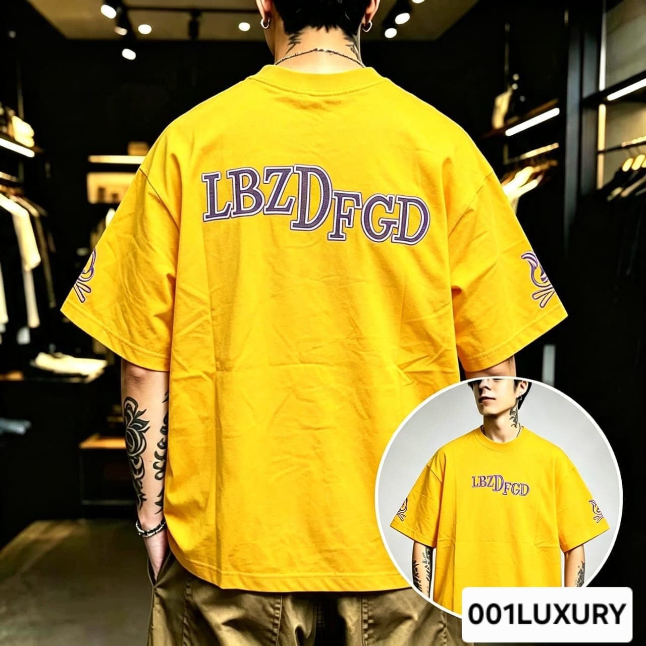 Man viewed from back wearing yellow oversized t-shirt with large LBZDFGD text print.