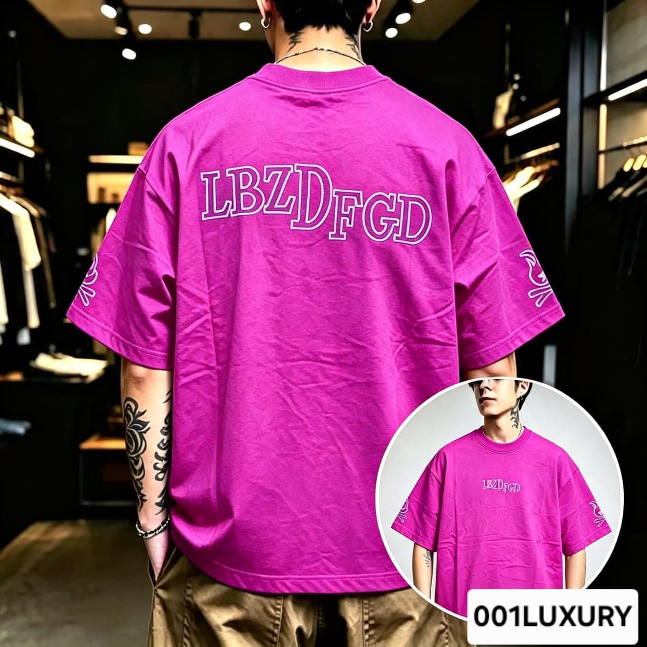 Man viewed from back wearing magenta oversized t-shirt with large LBZDFGD text print.