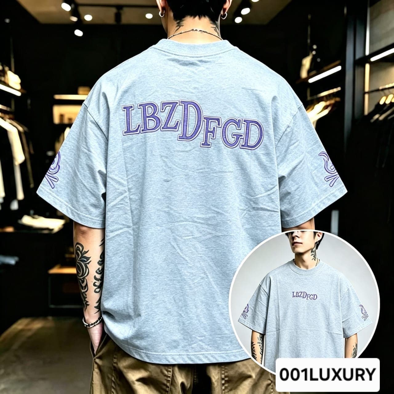 Man viewed from back wearing gray oversized t-shirt with large LBZDFGD text print.