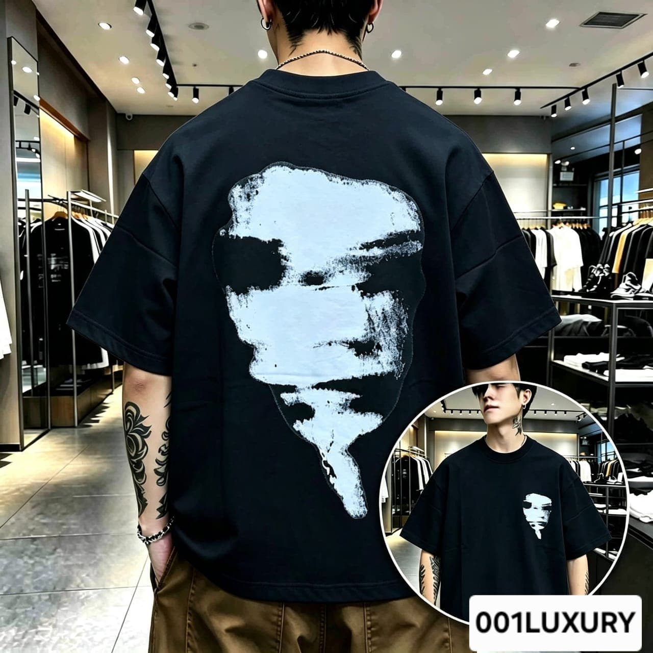 Man viewed from back wearing black oversized t-shirt with large abstract face graphic print.