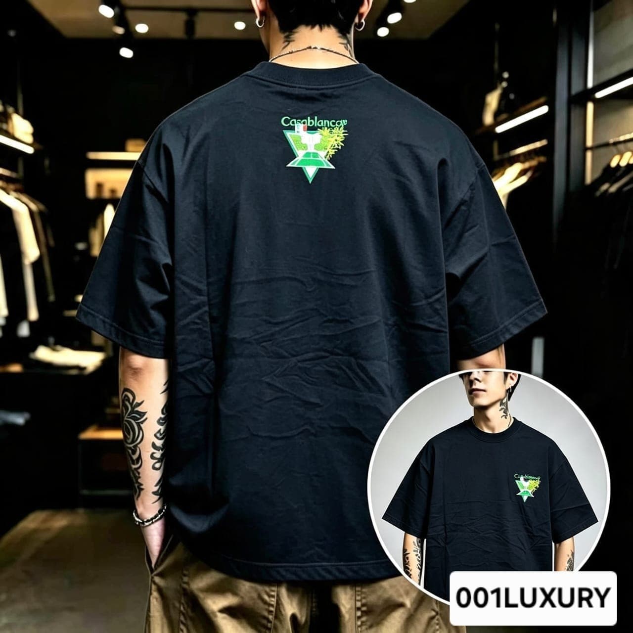 Man viewed from back wearing black oversized t-shirt with large Casablanca triangular graphic print.