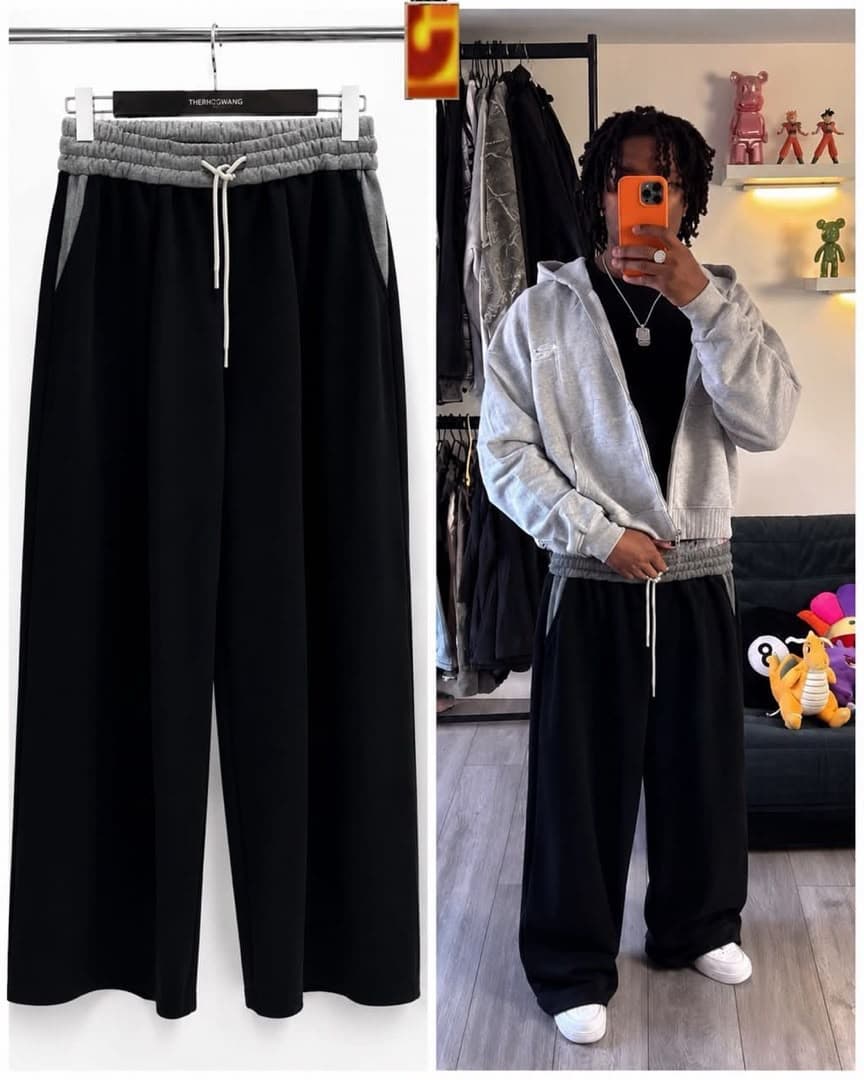 Black wide-leg joggers shown in flat lay and worn by model with gray zip hoodie.