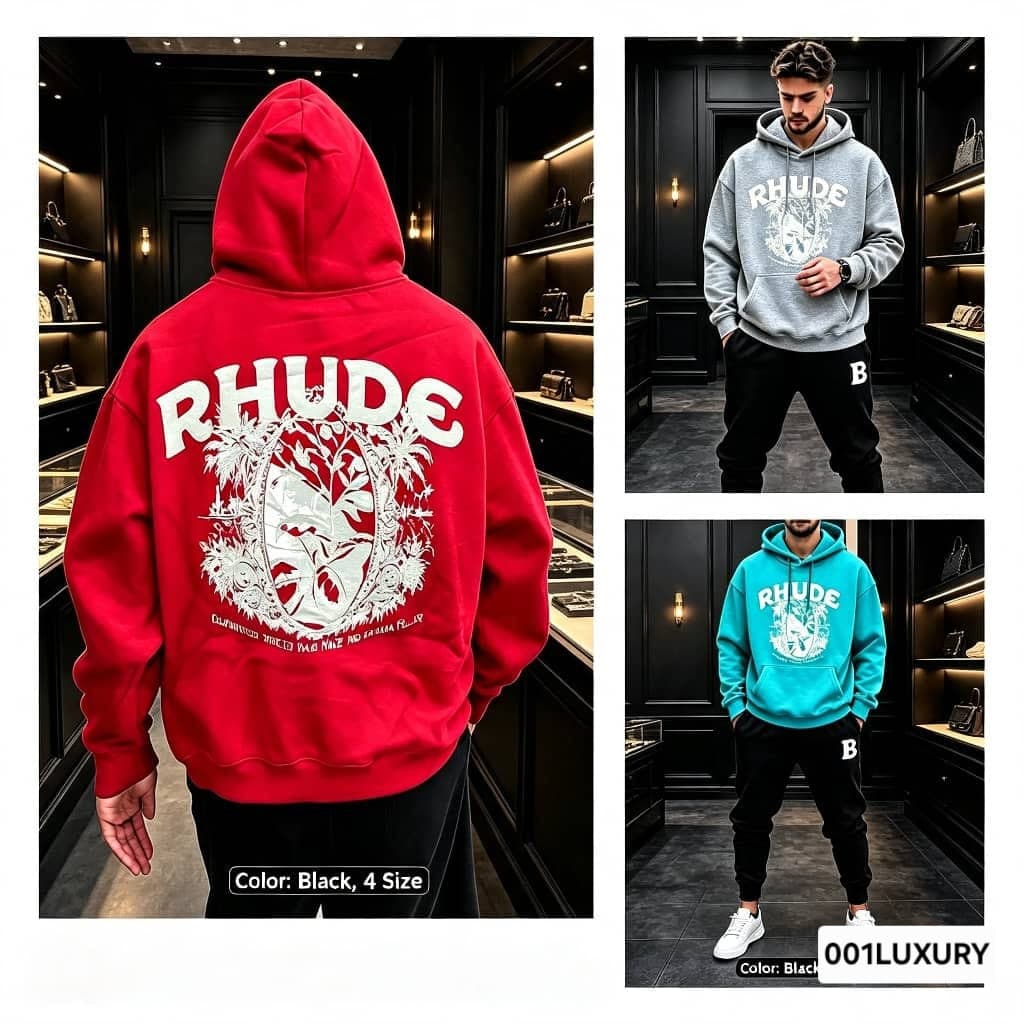 Red Rhude hoodie back view alongside gray and teal model shots in luxury setting.