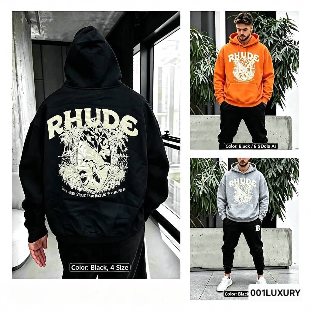 Black Rhude hoodie back with crest graphic and models wearing orange and gray versions.