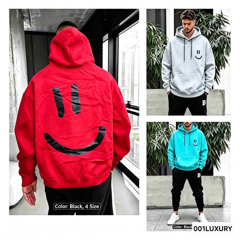 Red smiley face hoodie on model alongside gray and cyan front views with small logo.