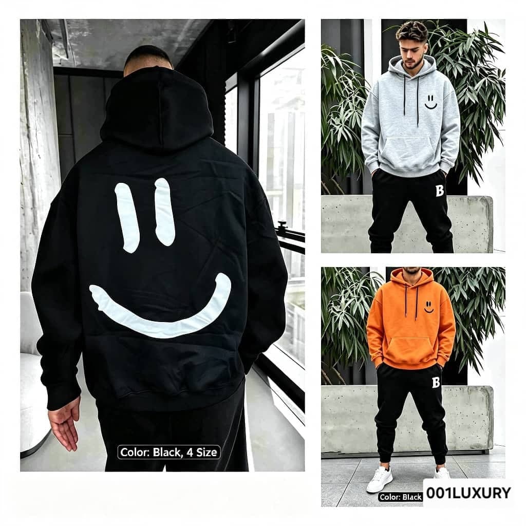 Black smiley hoodie back view and models in gray and orange variants with small chest smiley.