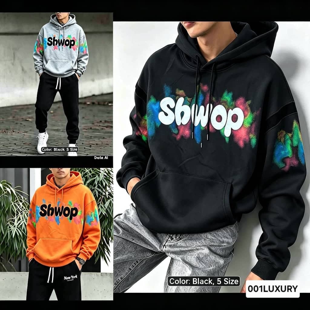 Black, gray and orange Shwop hoodies shown in lifestyle and close-up shots with graphic prints.