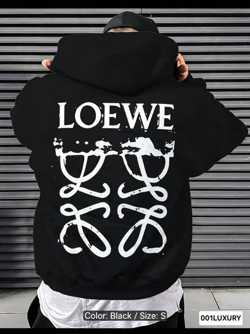 Close-up of black Loewe hoodie back with white logo and text design.
