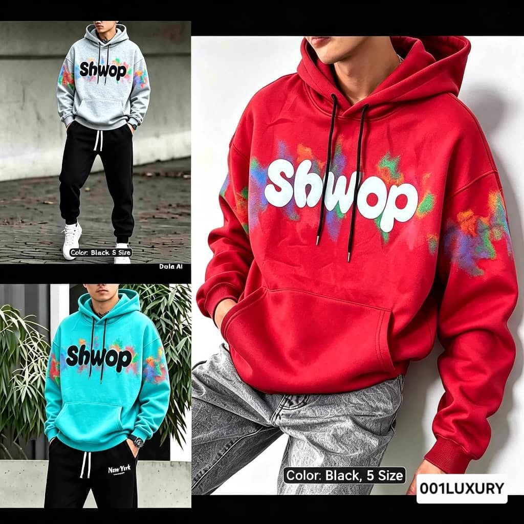 Collage featuring gray, red and cyan Shwop hoodies with splatter details on models.