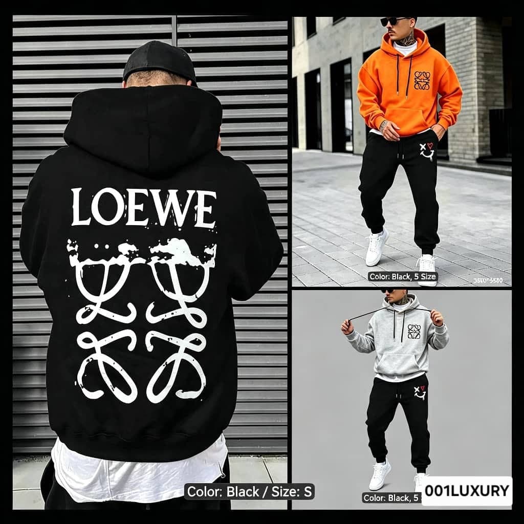 Black, orange and gray Loewe hoodies collage with prominent back prints and model shots.