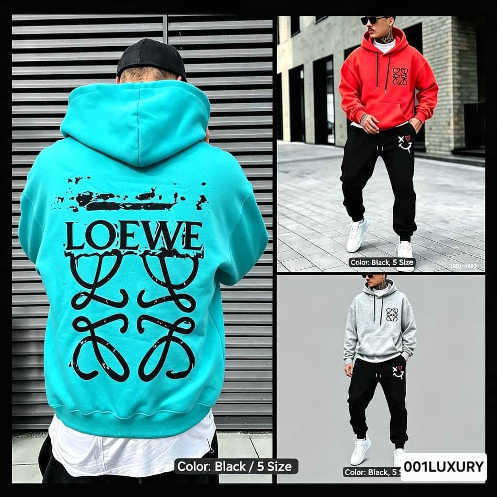 Collage of teal, red and gray Loewe hoodies showing back logo pattern and front views.