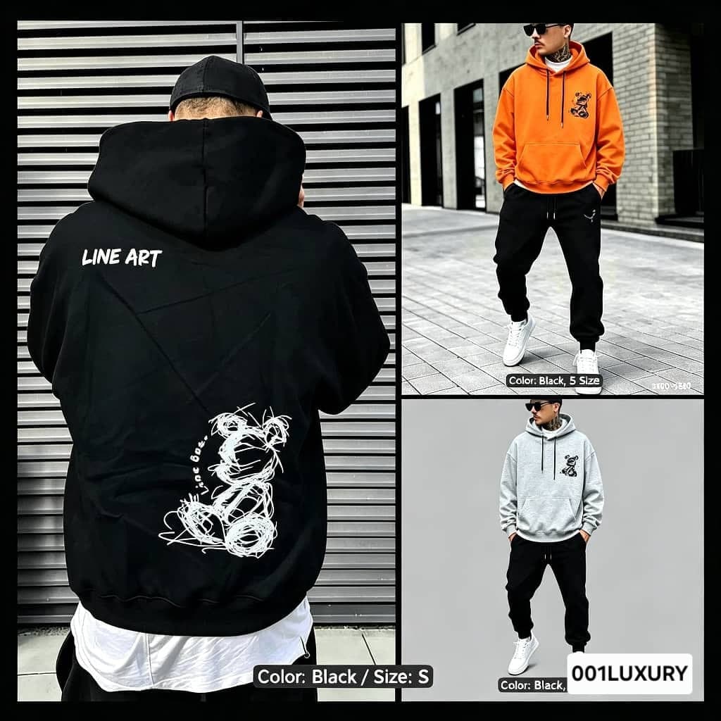 Collage of black, orange and gray Line Art Bear hoodies displaying chest bear and large back scribble design.