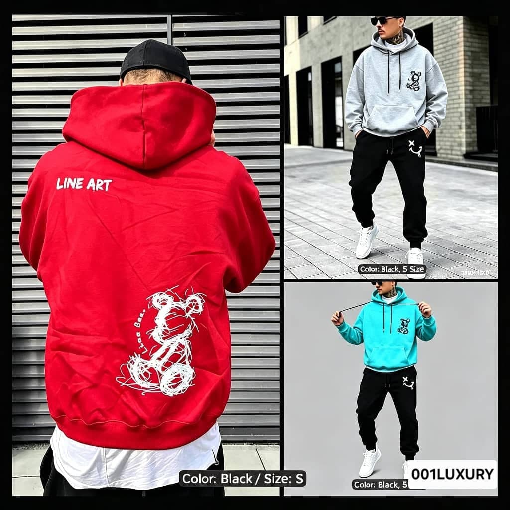 Collage showing red, gray, cyan and black Line Art Bear hoodies from front and back angles.