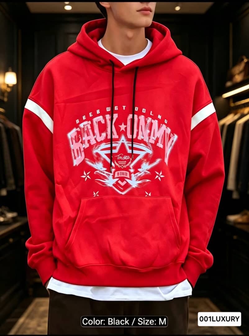 Man in red Back Onmy graphic hoodie, close-up front view.