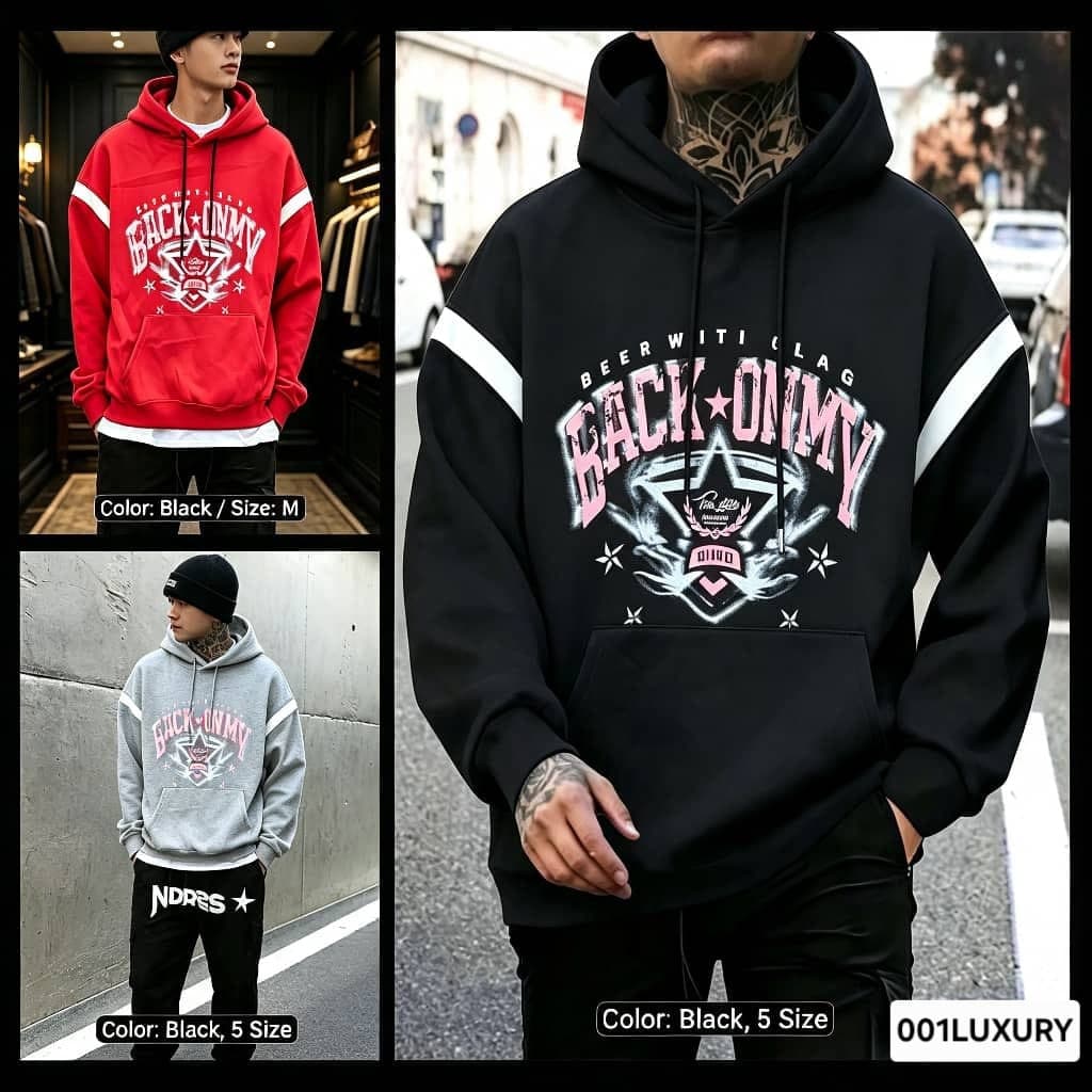 Collage of red, black and gray Back Onmy hoodies on different models.