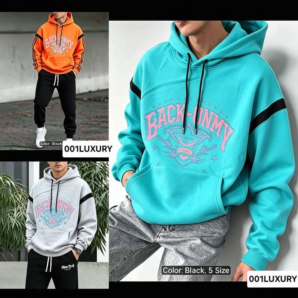 Collage showing orange, turquoise and gray Back Onmy graphic hoodies.