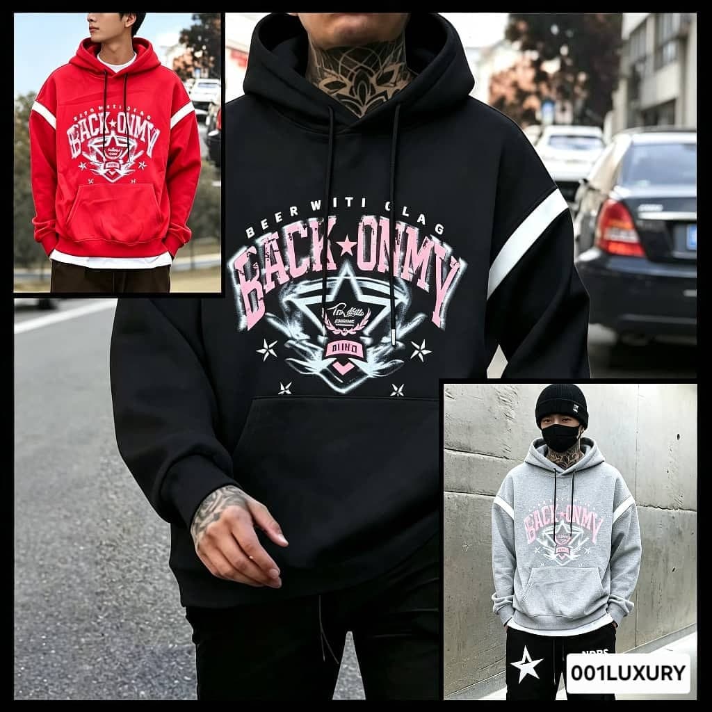 Collage of red, black and gray Back Onmy graphic hoodies on models.