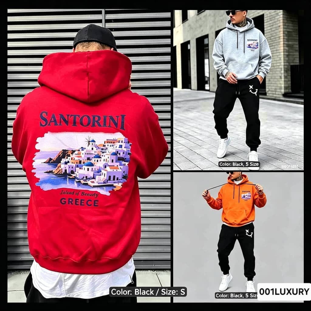Red Santorini hoodie back view collage with additional model images in gray and orange.