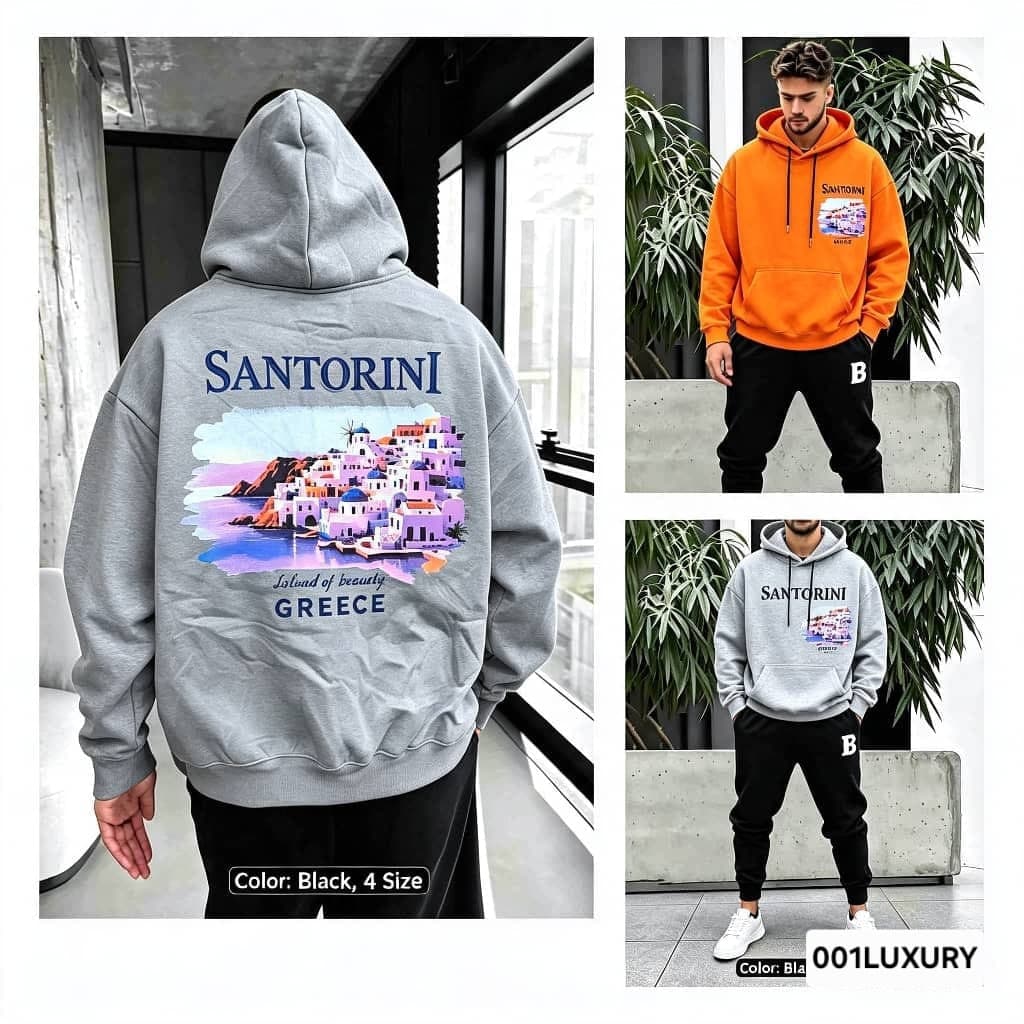 Gray Santorini hoodie back view in collage with model shots in orange and gray.