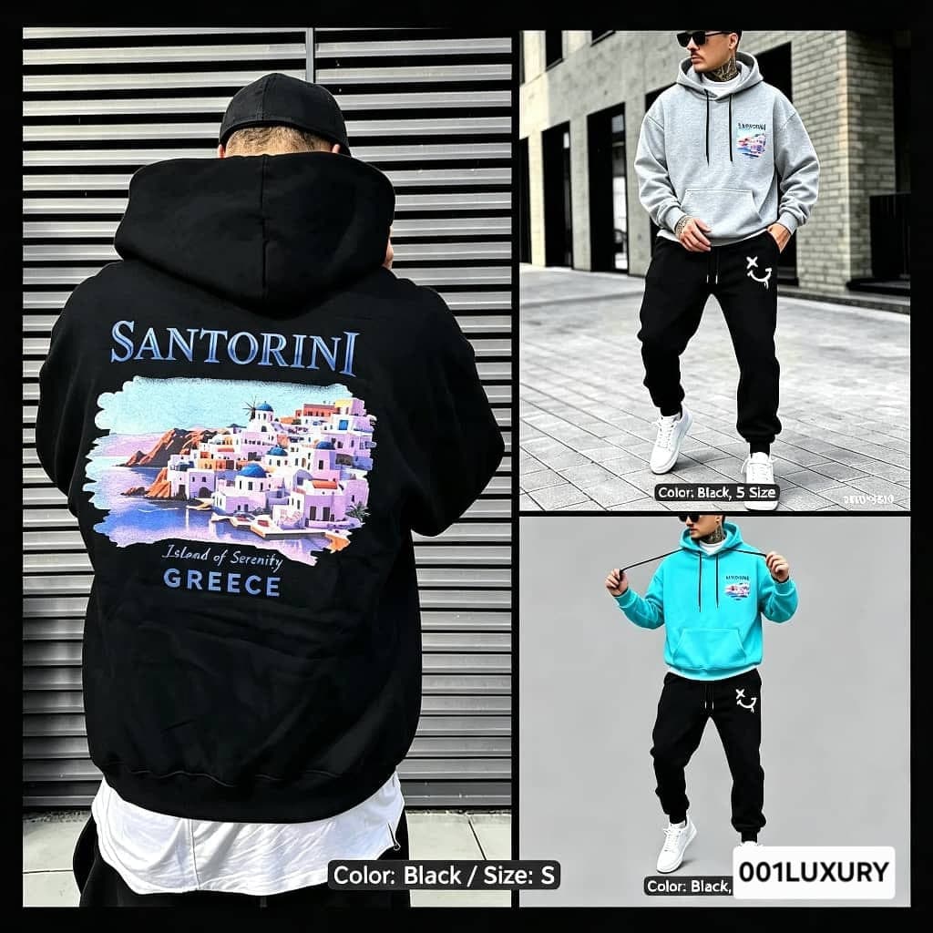 Collage of black Santorini hoodie back view and model shots in other colors.