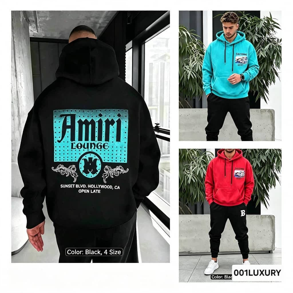 Collage featuring black Amiri Lounge hoodie back view alongside other styles.