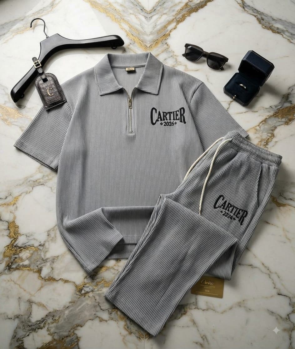 Gray ribbed quarter-zip polo top and joggers featuring Cartier embroidery on marble floor.