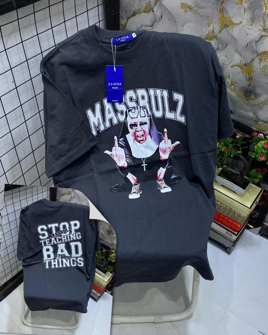Black t-shirt with Massrulz nun middle finger graphic, back inset with stop teaching bad things text.