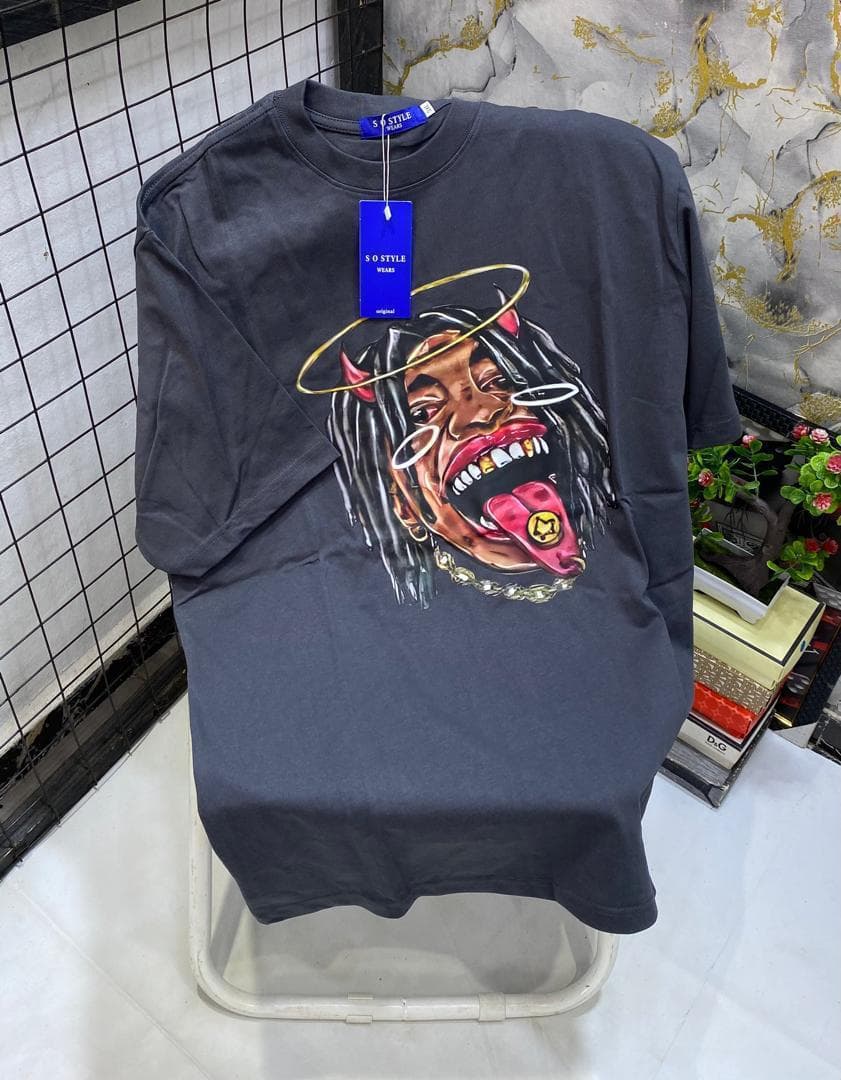 Gray t-shirt with angel devil face portrait graphic.