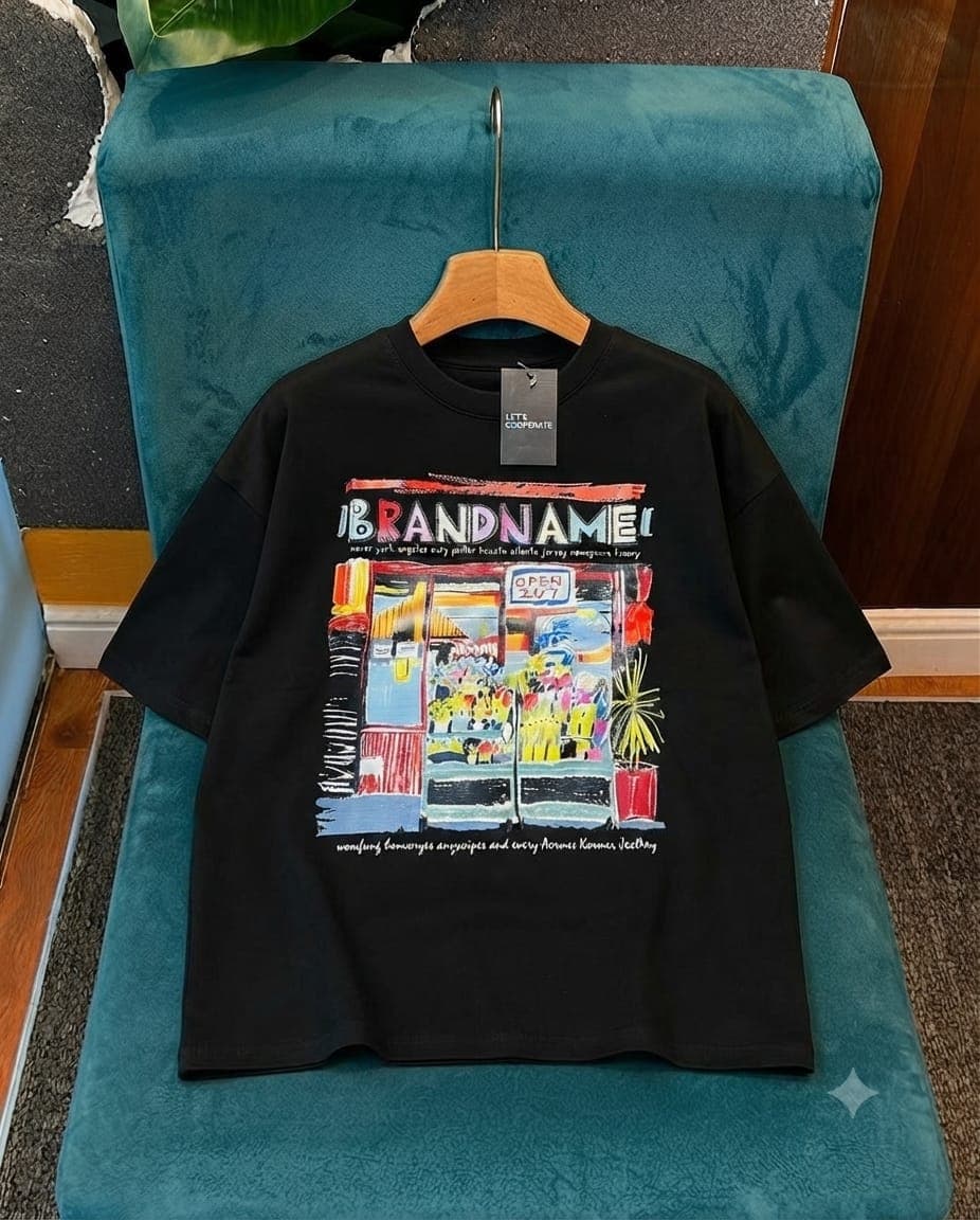 Black oversized crop tee with colorful storefront illustration and BRANDNAME text.