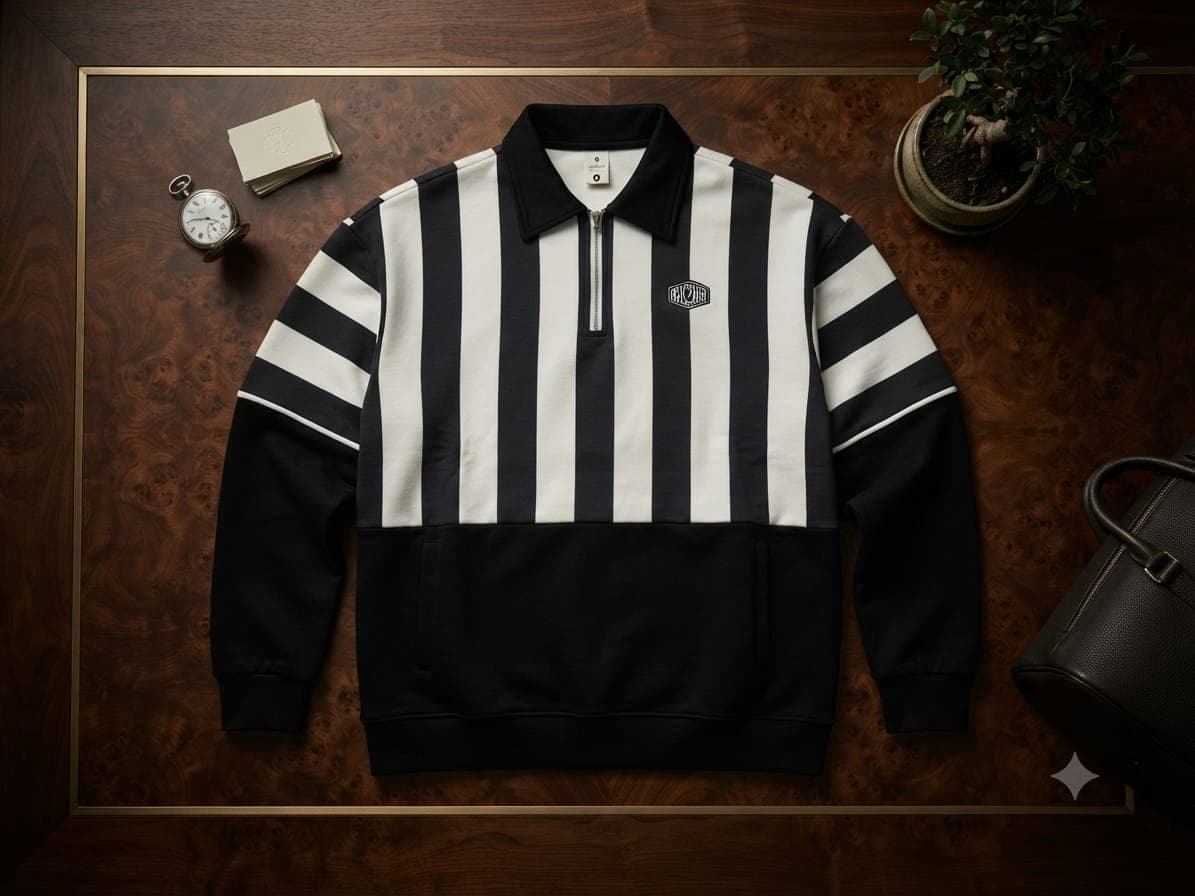 Black and white striped quarter-zip polo sweatshirt displayed on wooden table with plant and accessories.