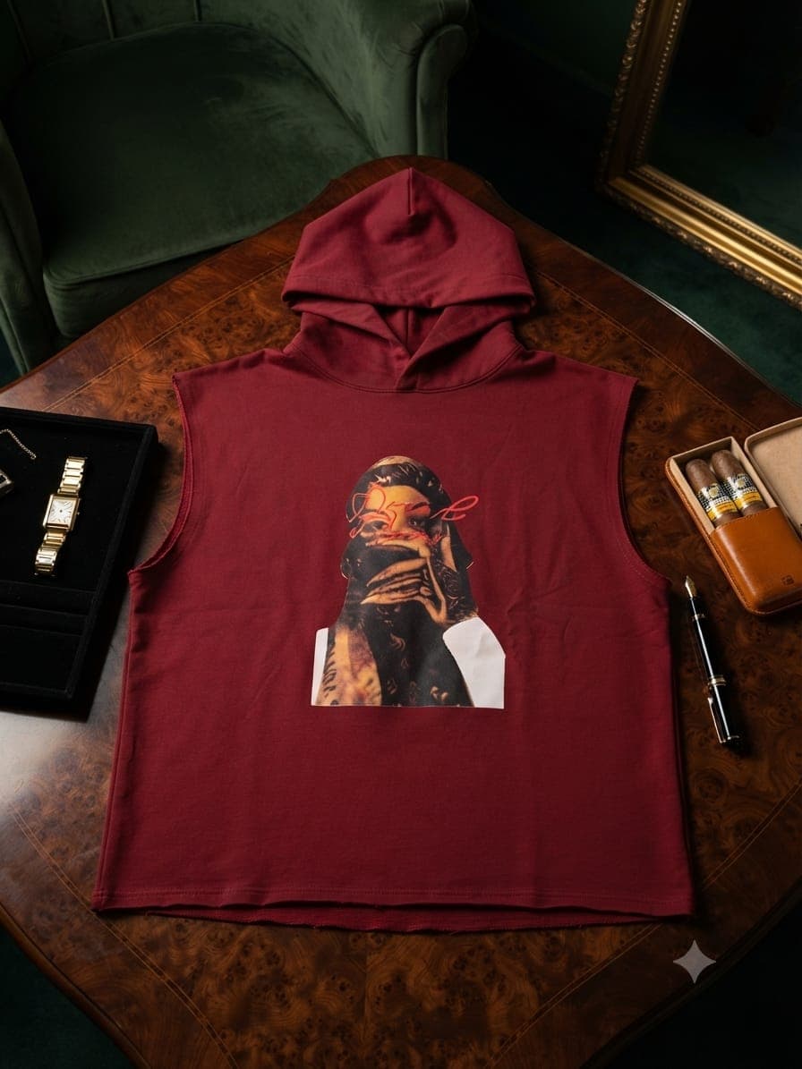 Burgundy sleeveless hoodie showing tattooed portrait graphic laid flat.