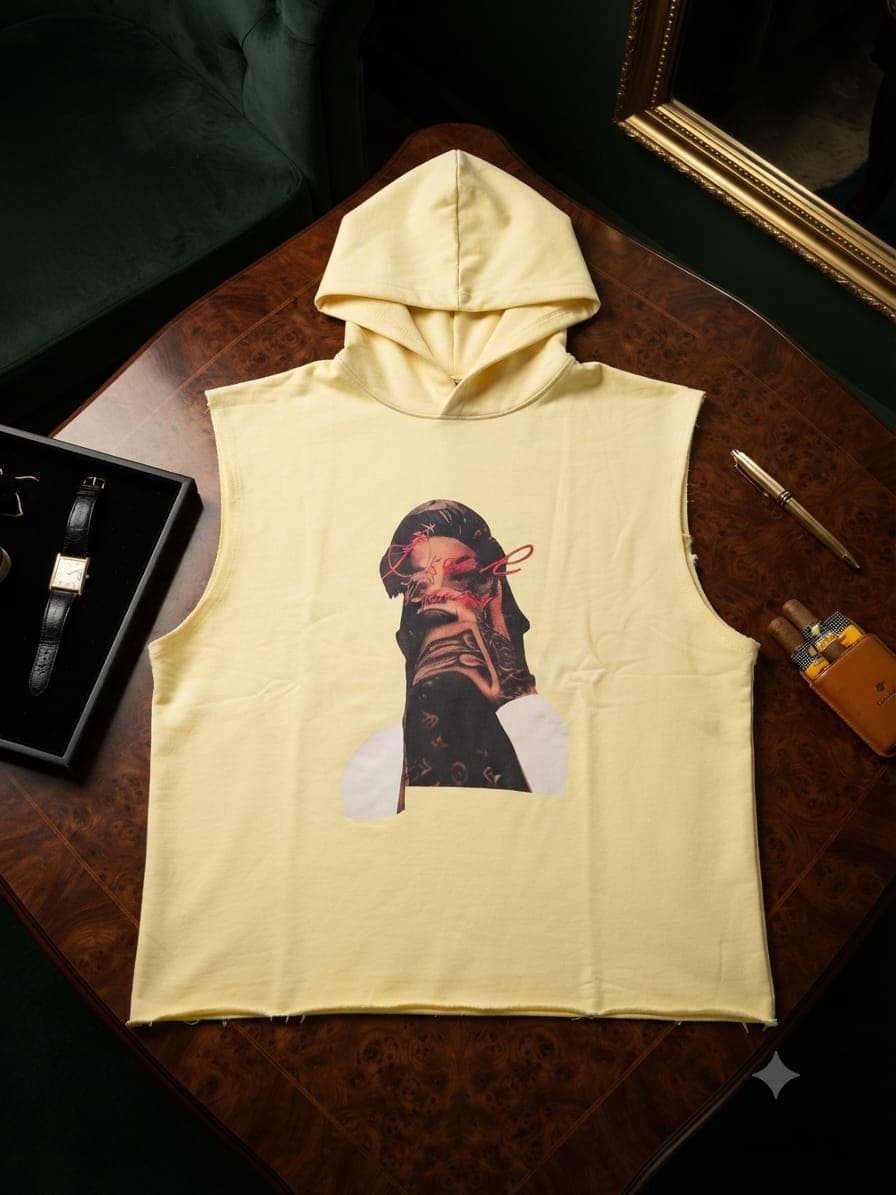 Yellow sleeveless hoodie with portrait and red line graphic on table.
