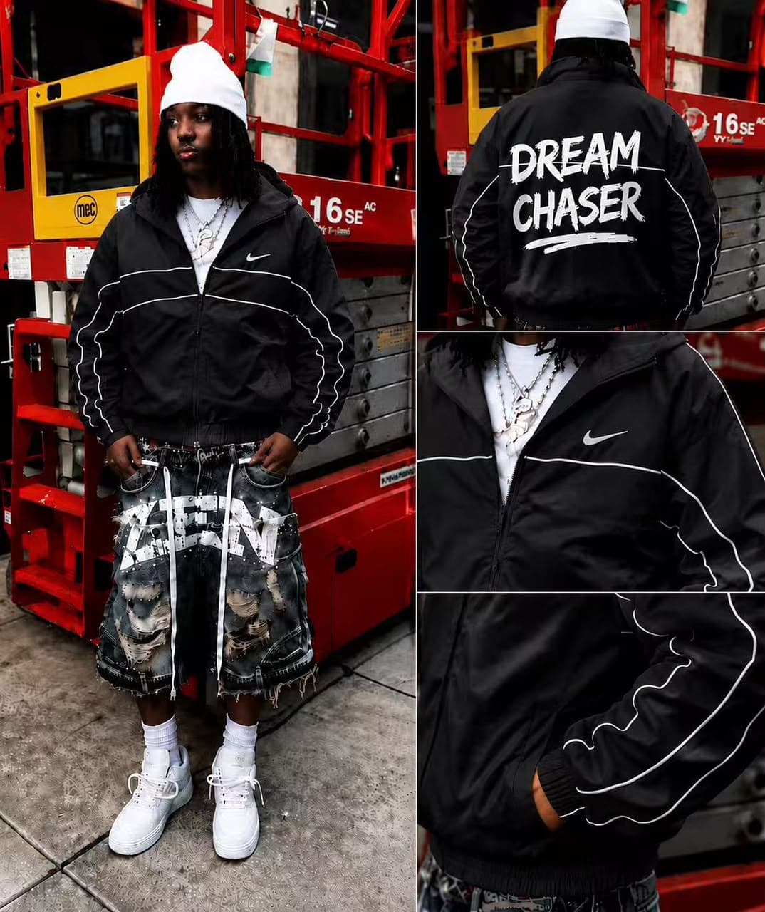 Black Nike Dream Chaser hooded jacket shown in front, back and detail views on model.
