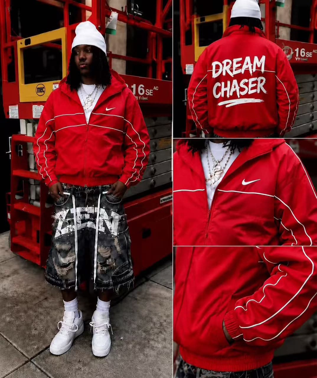 Red Nike Dream Chaser hooded jacket shown in front, back and detail views on model.