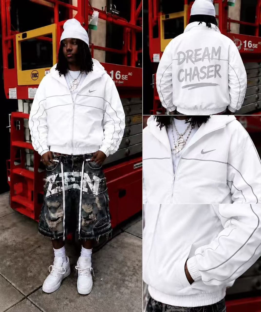 White Nike Dream Chaser hooded jacket shown in front, back and detail views on model.