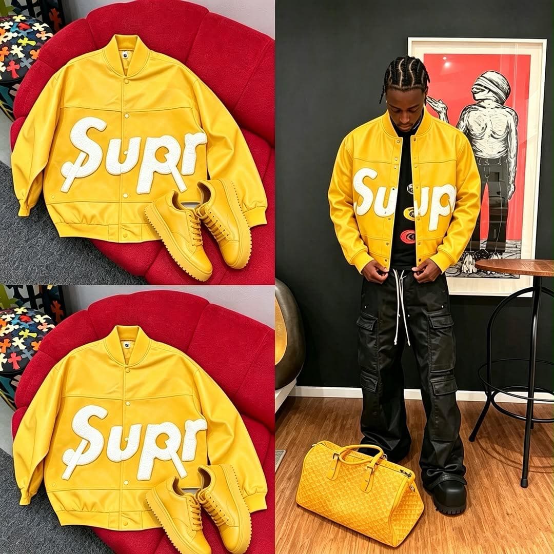 Yellow Supr varsity bomber jacket flat lay with matching sneakers on red couch and worn by male model.