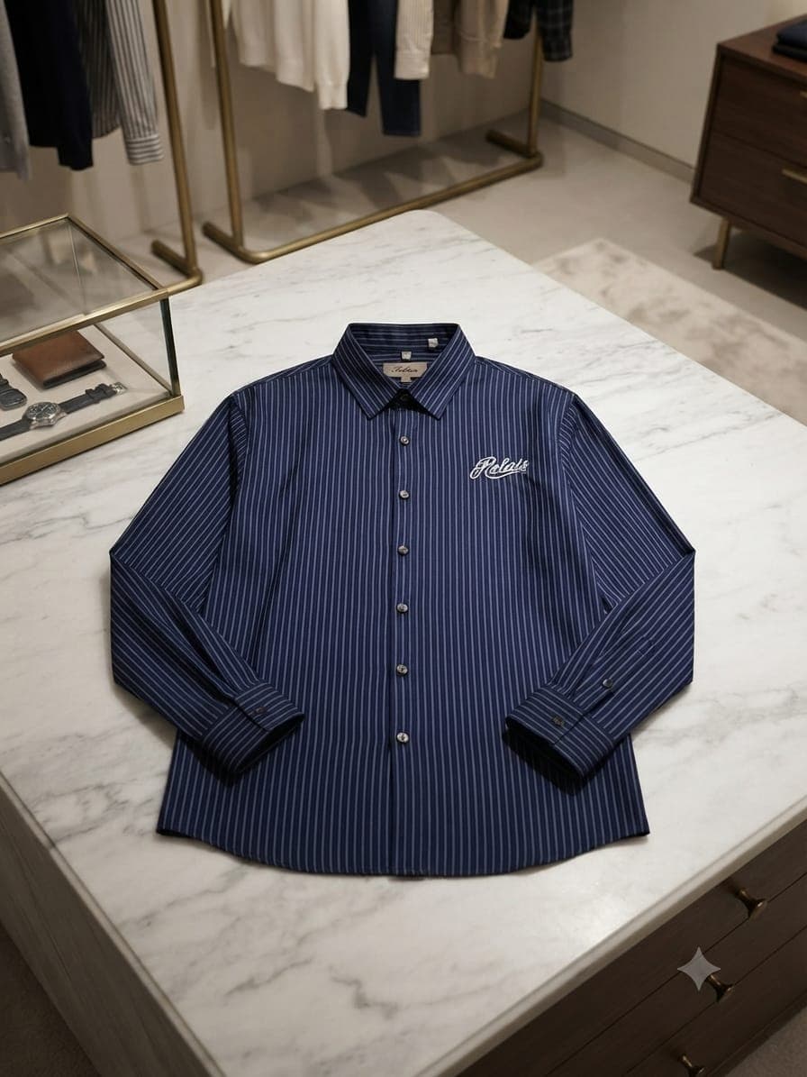 Navy striped long-sleeve button-down shirt with white embroidery laid flat on marble table.