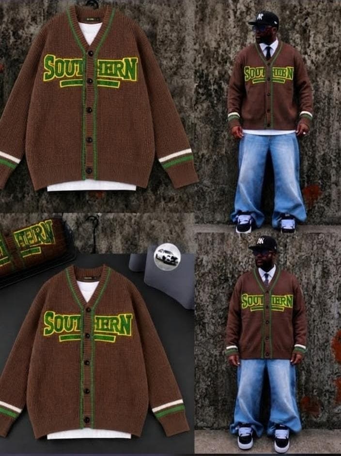 Brown Southern varsity cardigan shown in flat lay and on model.