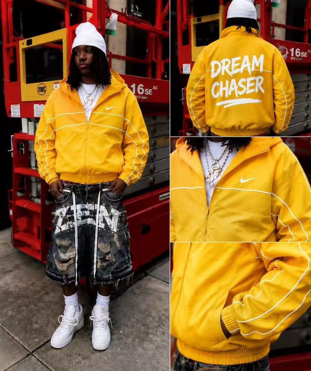 Yellow Nike Dream Chaser hooded windbreaker jacket shown in lifestyle, front, back and detail views.