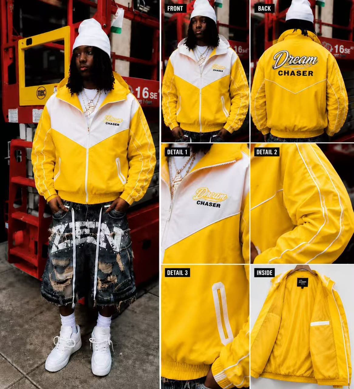 Yellow and white colorblock Dream Chaser hooded windbreaker jacket shown in lifestyle, front, back and detail views.