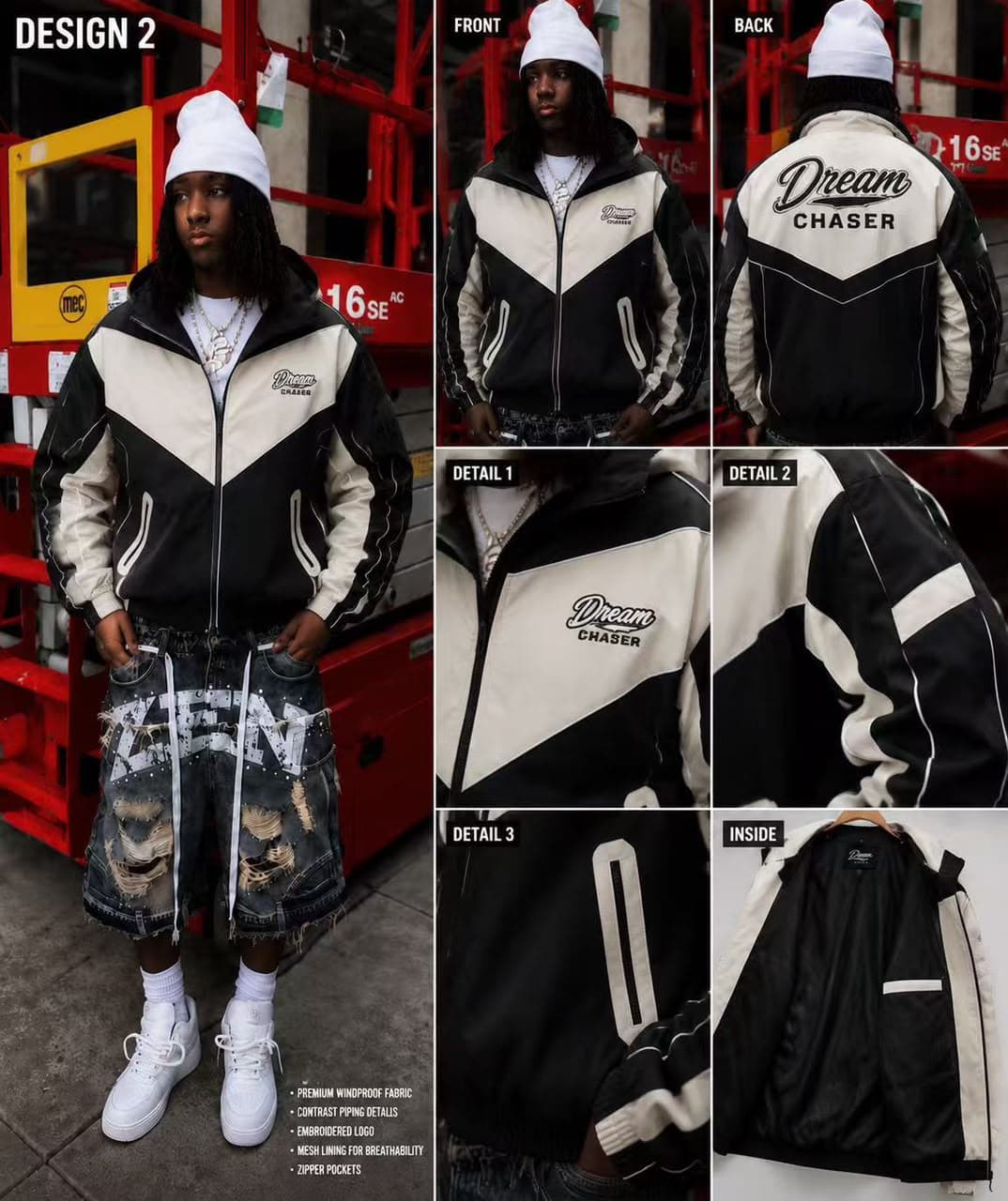 Black and cream colorblock Dream Chaser hooded windbreaker jacket shown in lifestyle, front, back and detail views.