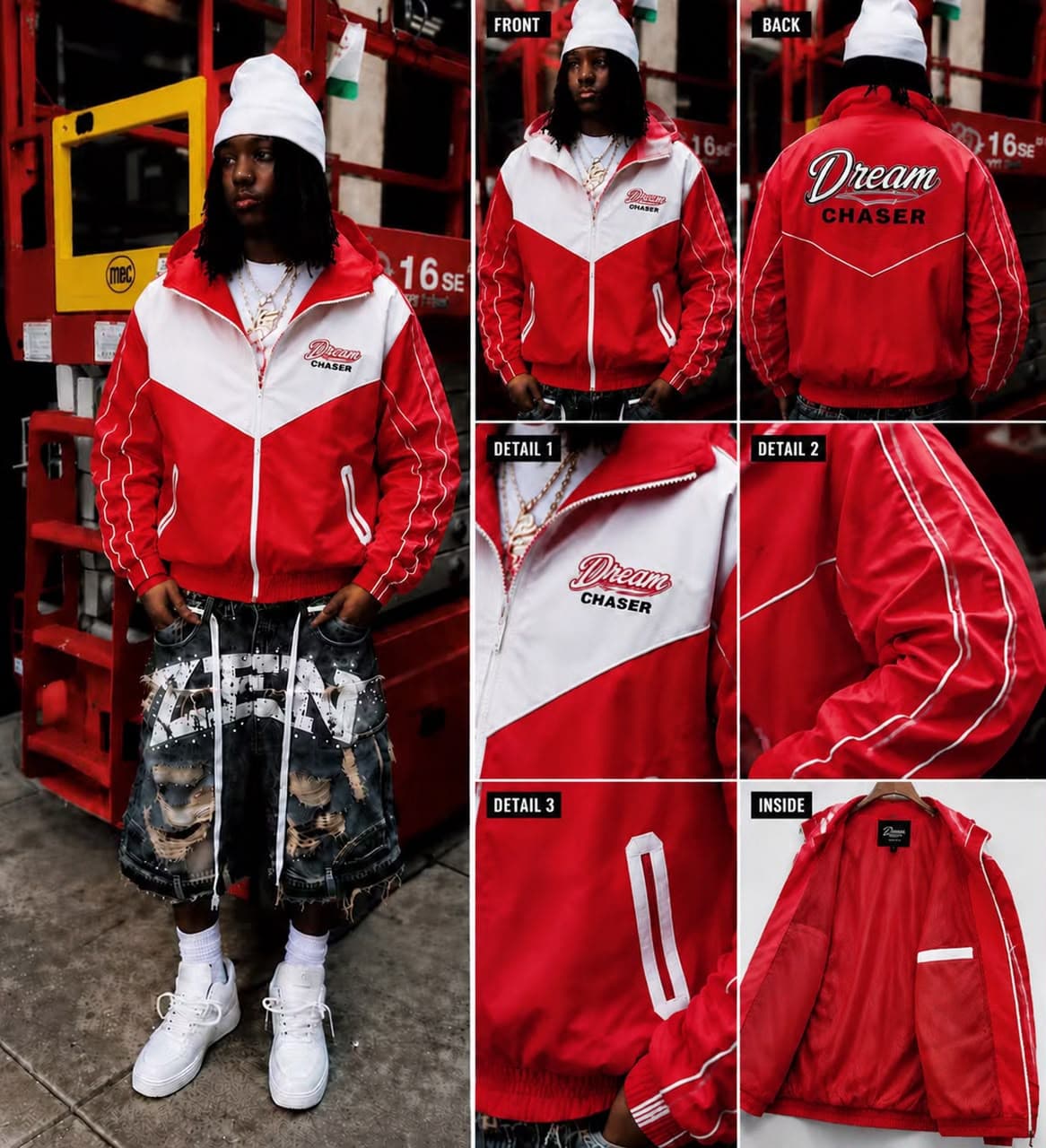 Red and white colorblock Dream Chaser hooded windbreaker jacket shown in lifestyle, front, back and detail views.