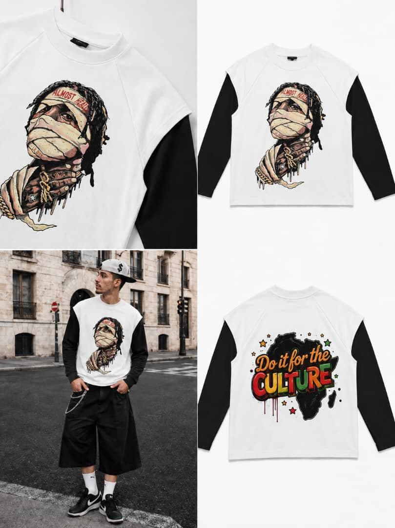 White Almost Dead raglan long sleeve with black sleeves on model and flat lays showing portrait front and culture back.