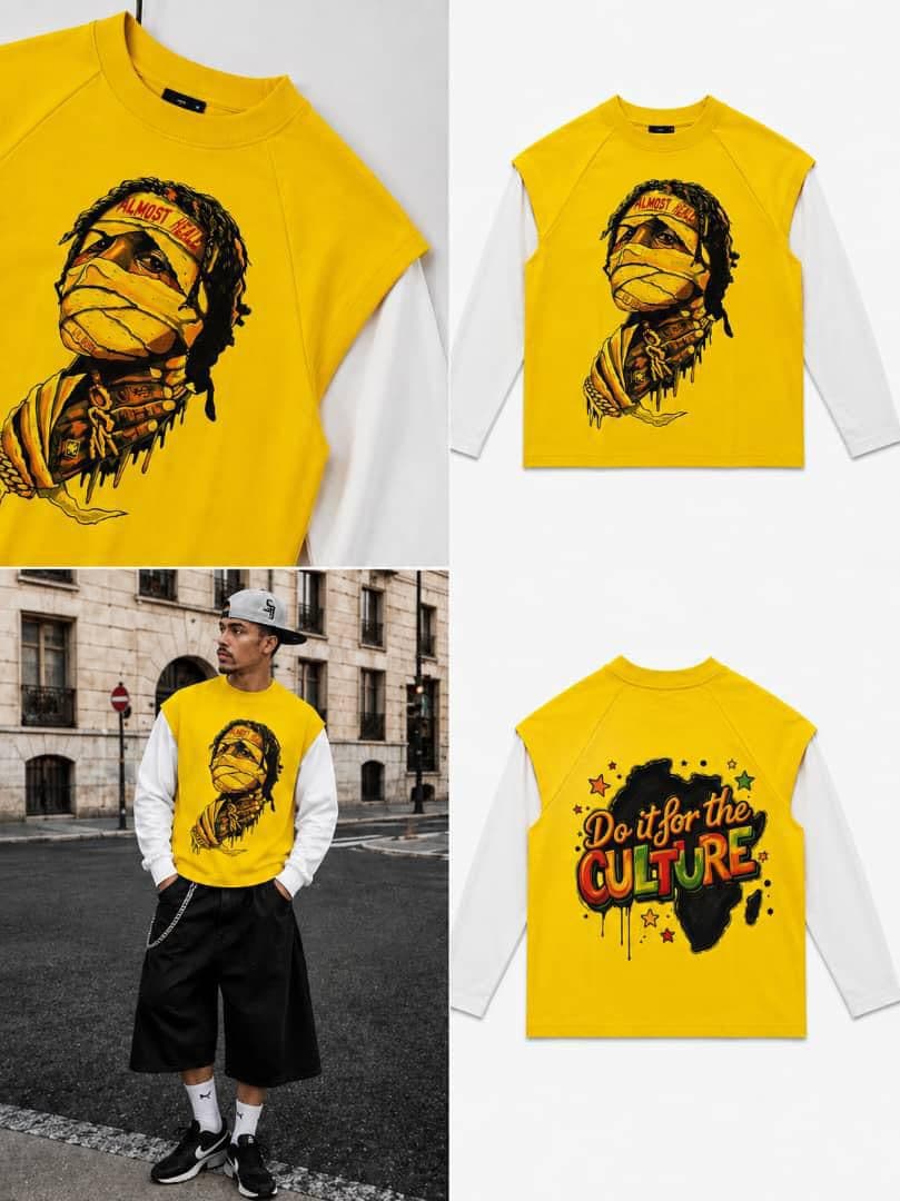 Yellow Almost Dead raglan long sleeve on model and flat lays showing portrait front and culture back.