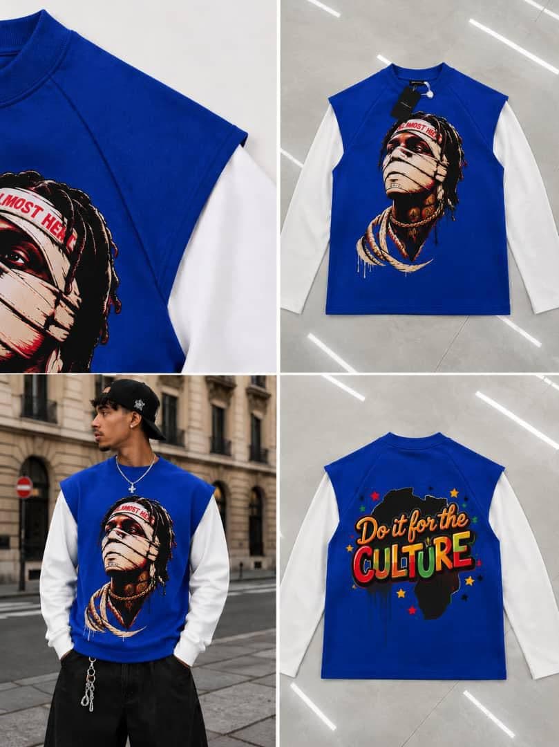 Blue Almost Dead raglan long sleeve on model and flat lays showing portrait front and culture back.