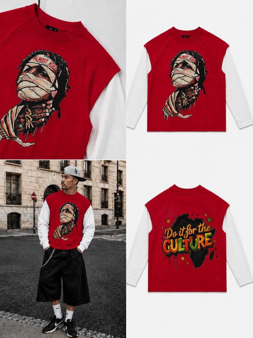 Red Almost Dead raglan long sleeve on model and flat lays showing portrait front and culture back.