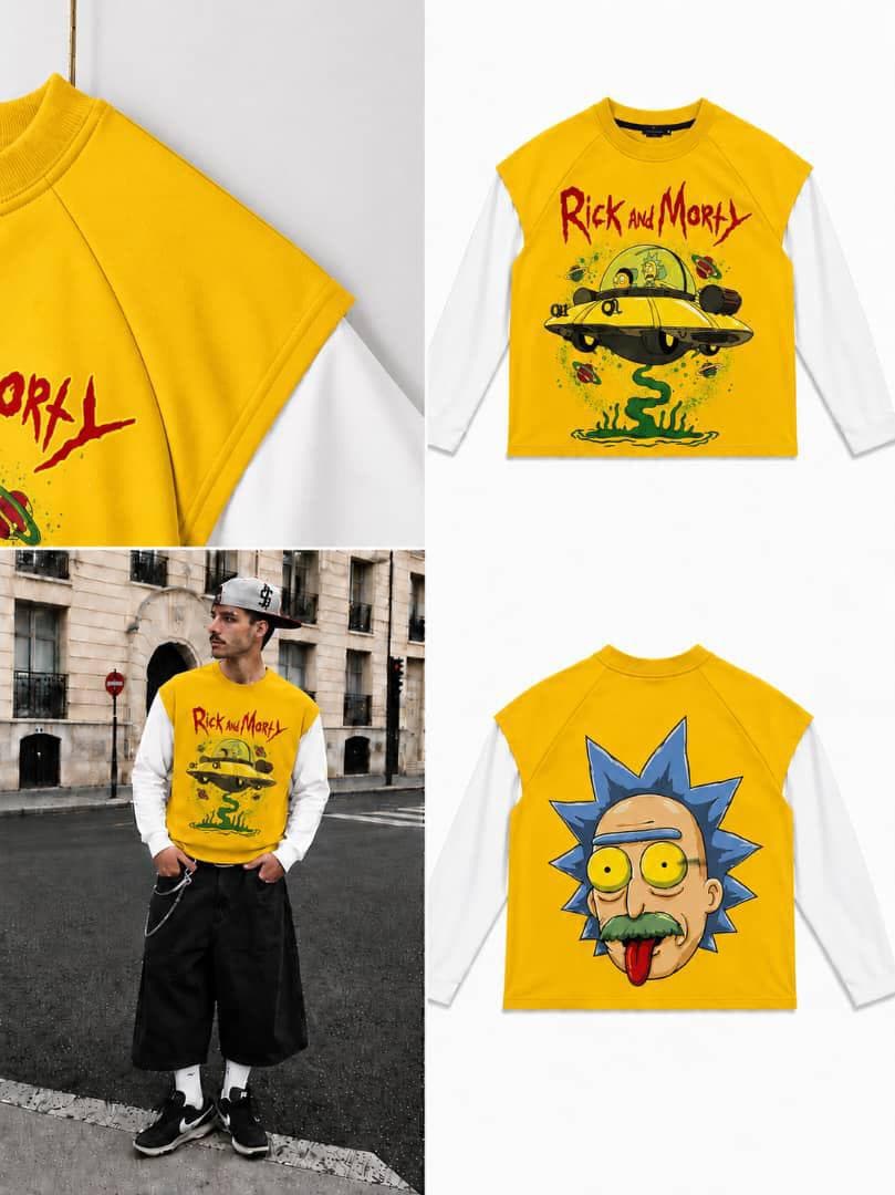 Yellow Rick and Morty raglan long sleeve on model and flat lays showing spaceship front and Rick face back.